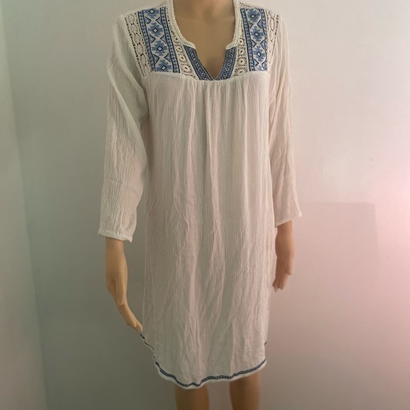 Artiasan Ny Womens Large White Embroidered 3/4 Sleeve Dress Knee Length - Picture 5 of 15